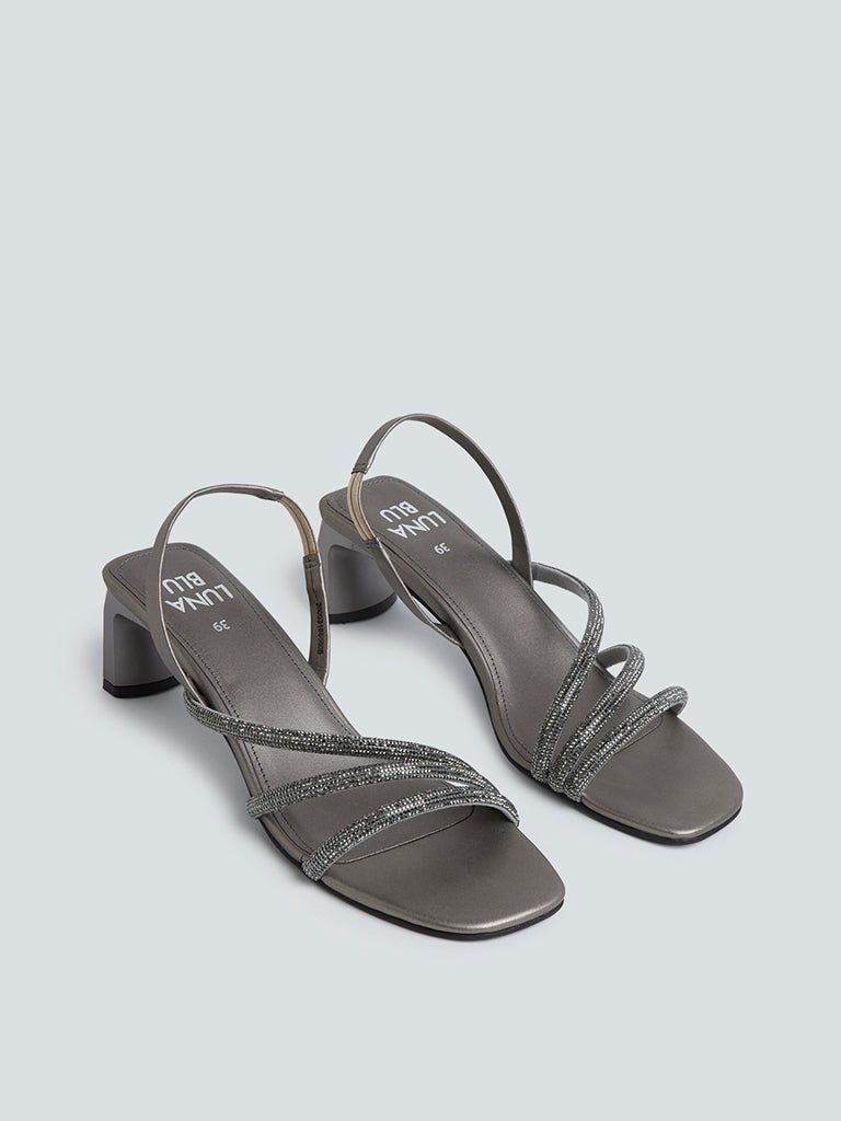 LUNA BLU Dark Grey Diamante Multi-Strap Sandals